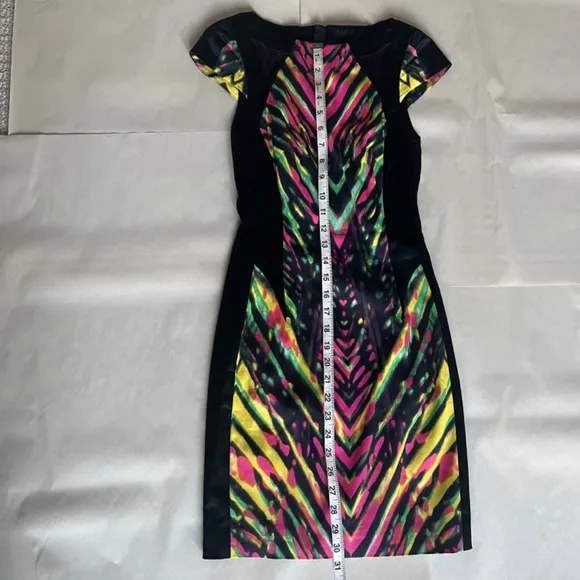 Karen Millen Multicolor Striped Neon Mesh Detail Cocktail Pencil Sheath Dress 2