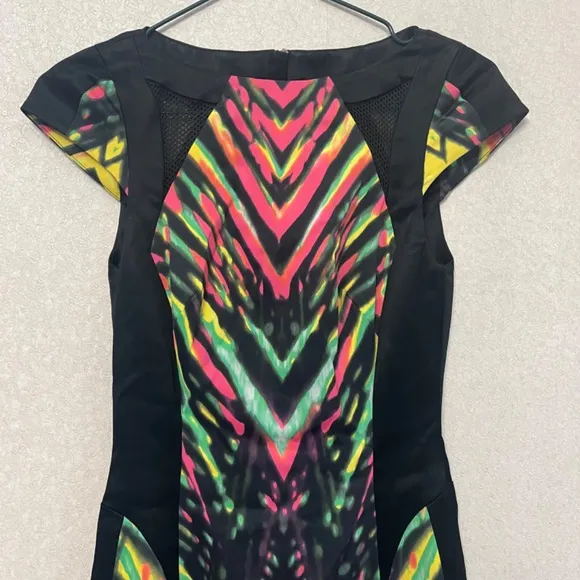 Karen Millen Multicolor Striped Neon Mesh Detail Cocktail Pencil Sheath Dress 2