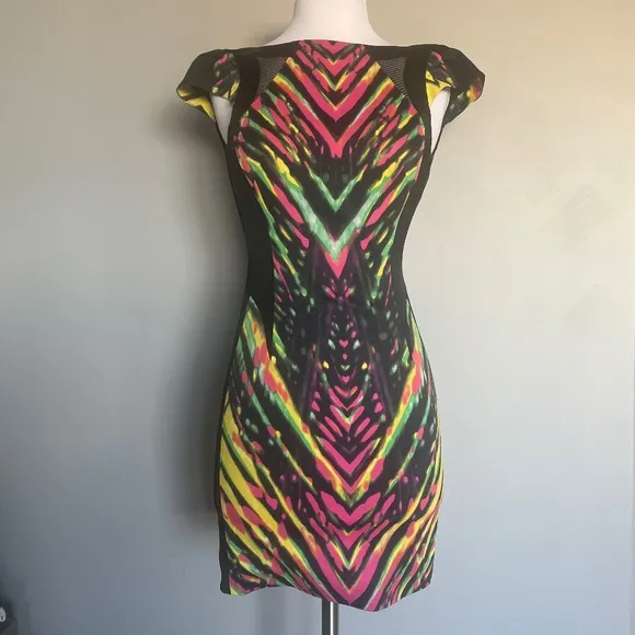 Karen Millen Multicolor Striped Neon Mesh Detail Cocktail Pencil Sheath Dress 2