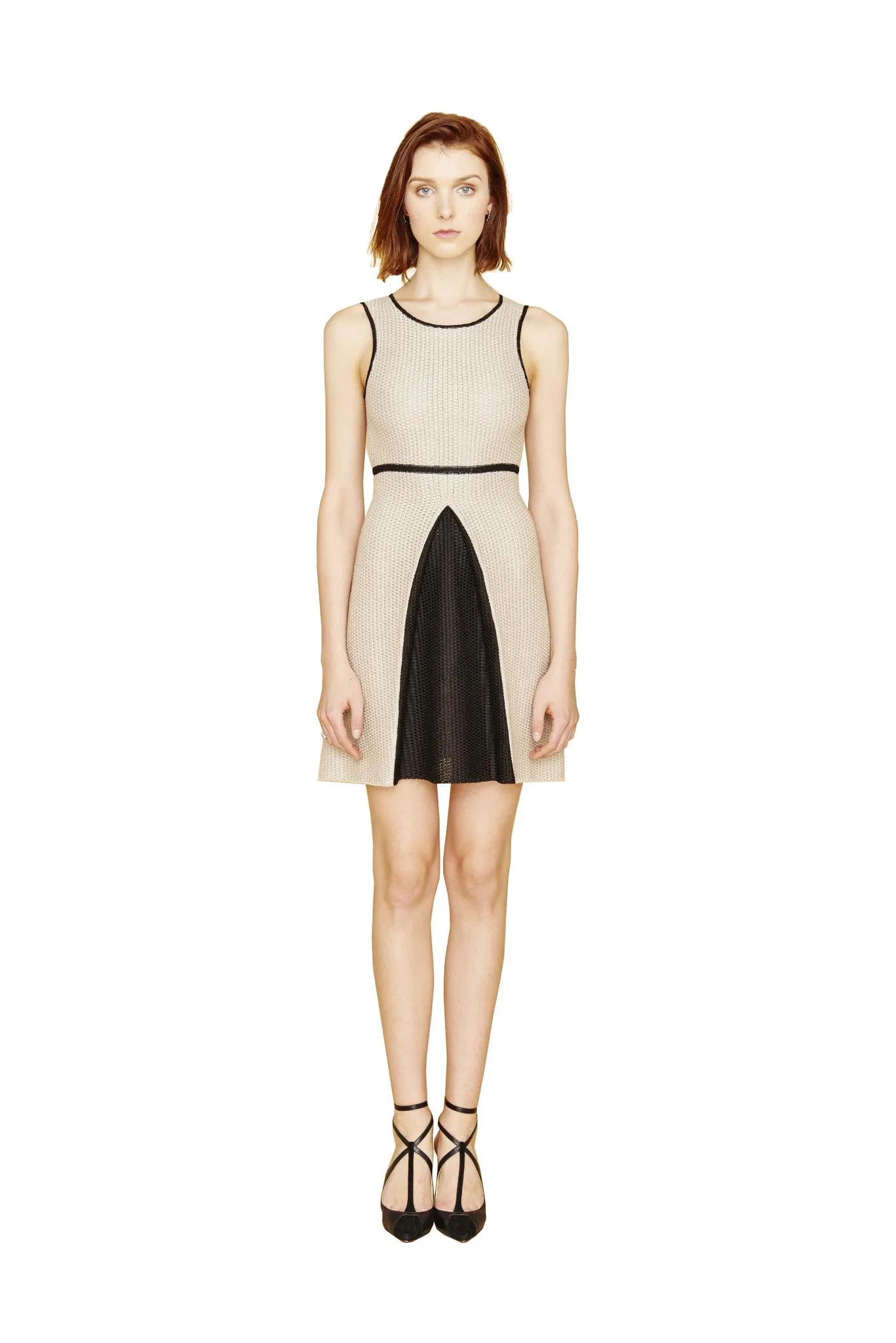 Karine - Pleated White, Black and Tan Color Block Dress