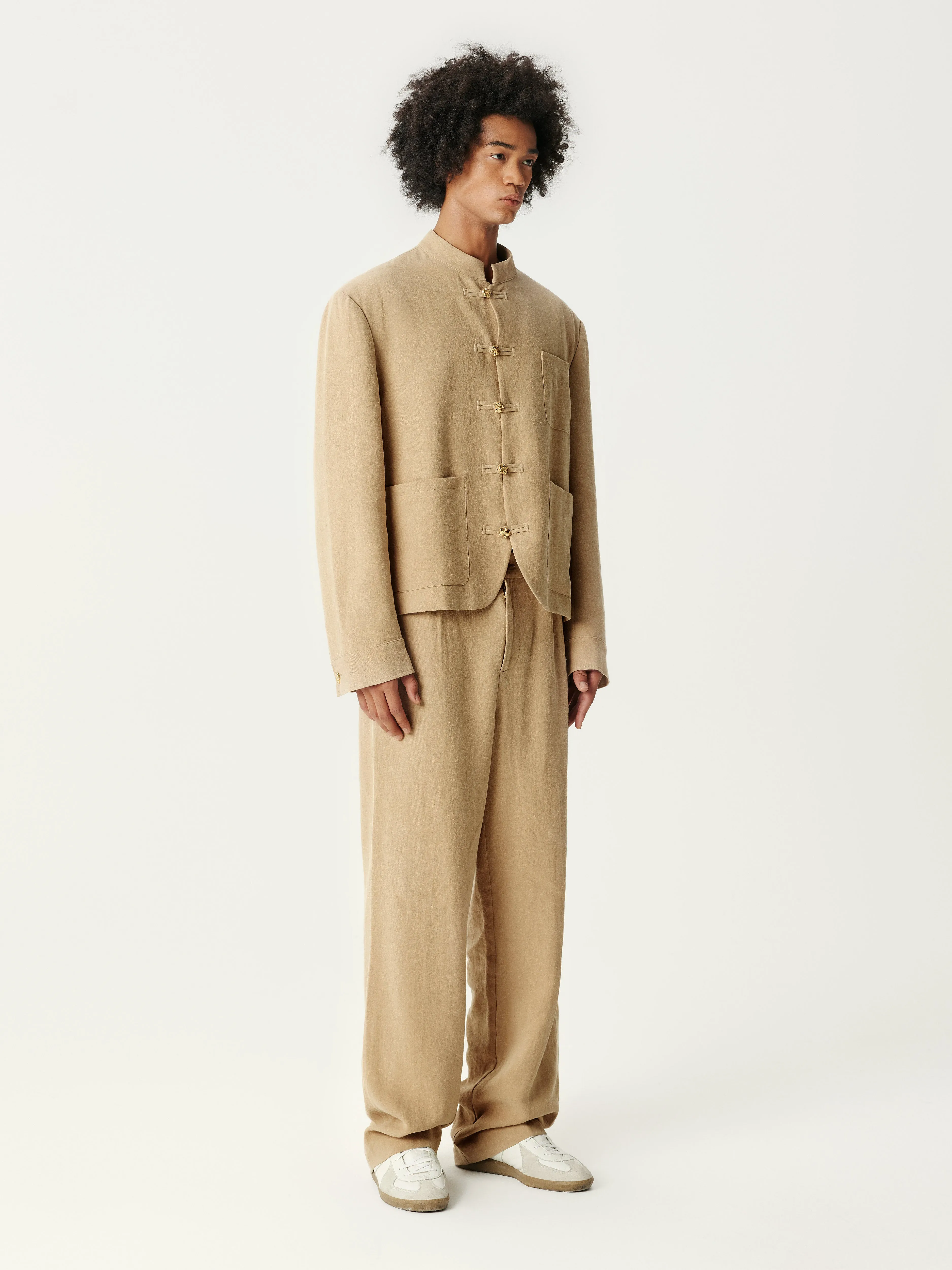 Khaki Linen Tang Suit