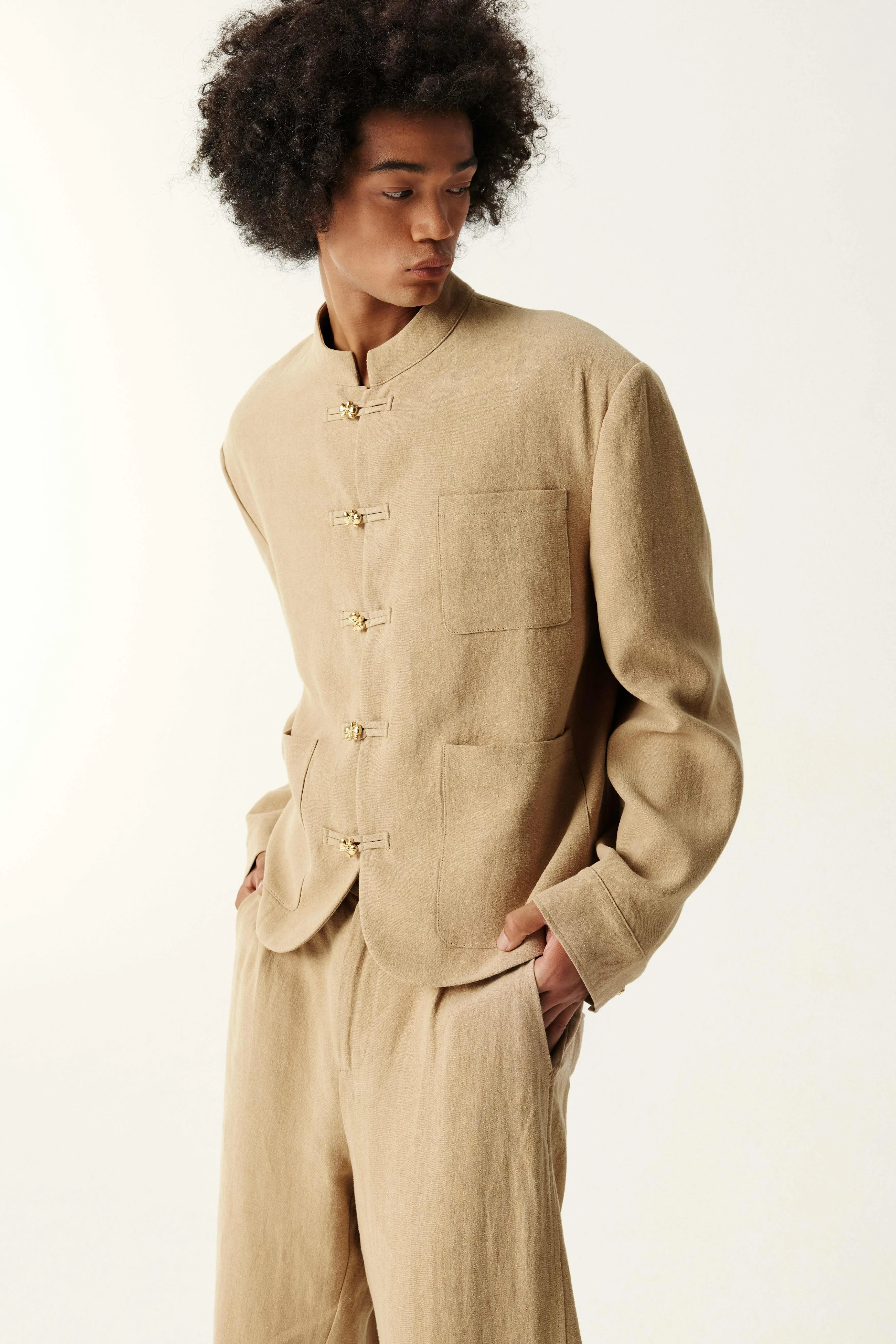 Khaki Linen Tang Suit
