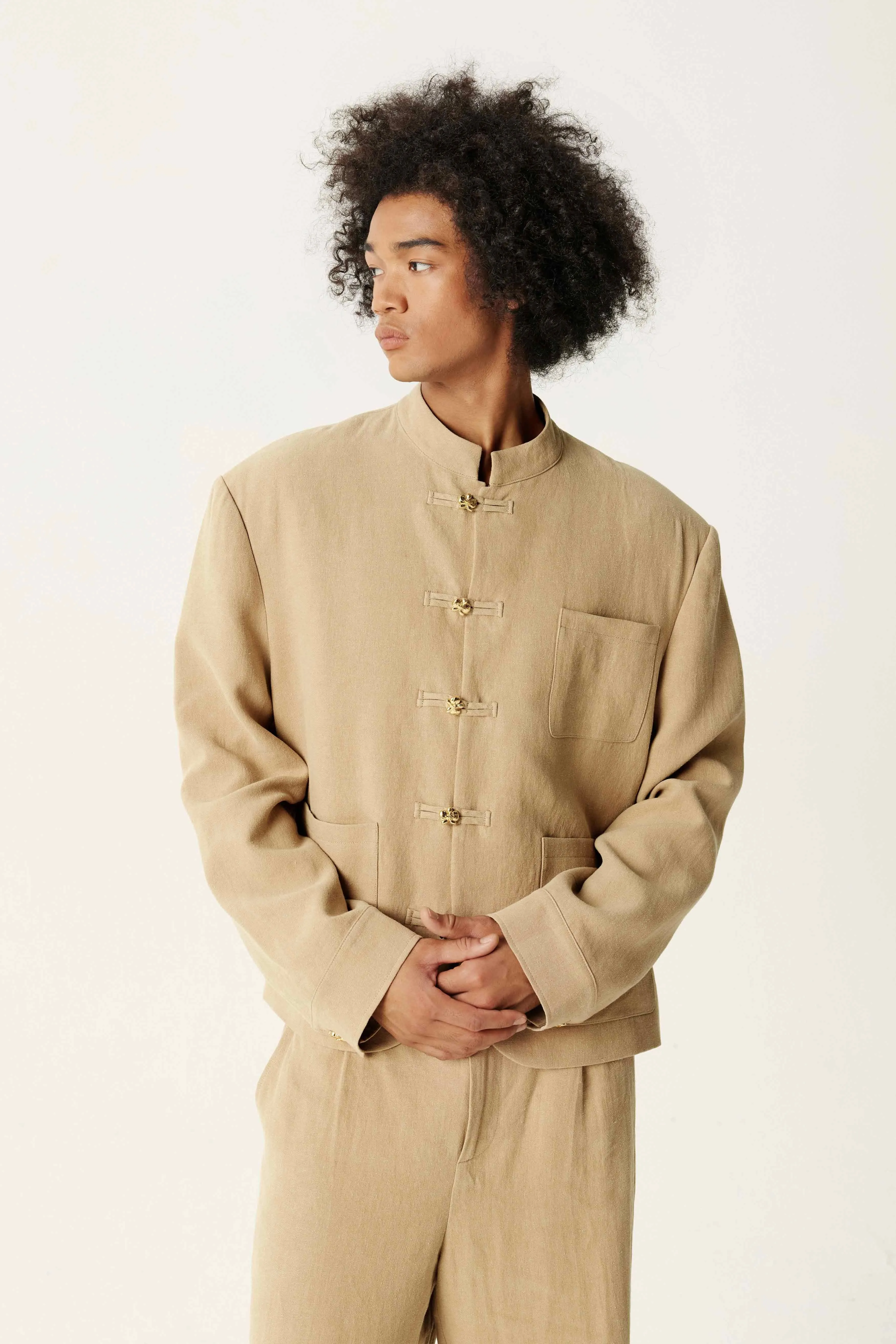 Khaki Linen Tang Suit
