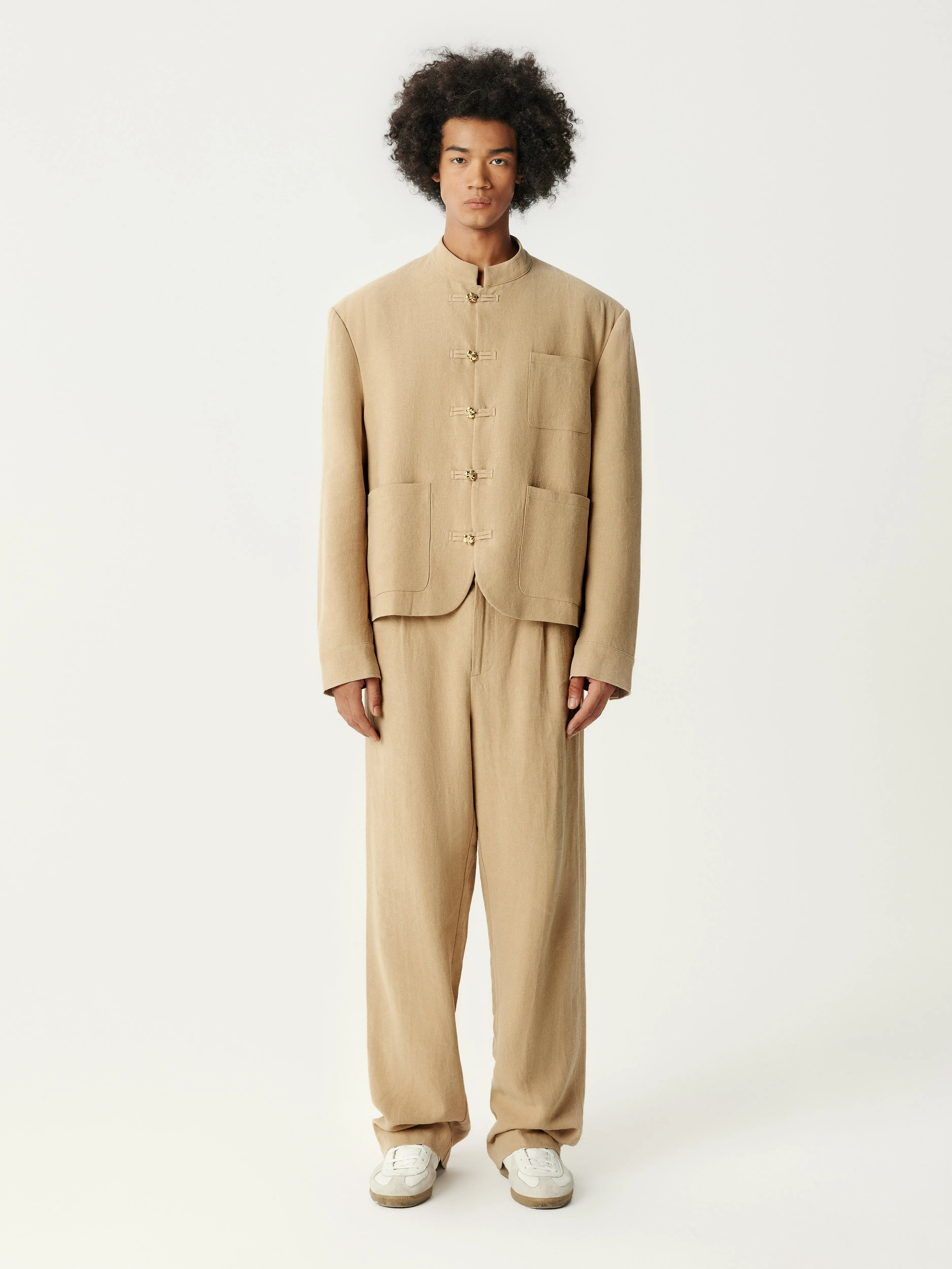 Khaki Linen Tang Suit