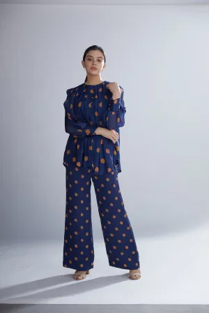 Koai   I   Blue And Orange Polka Dot Pleated Top