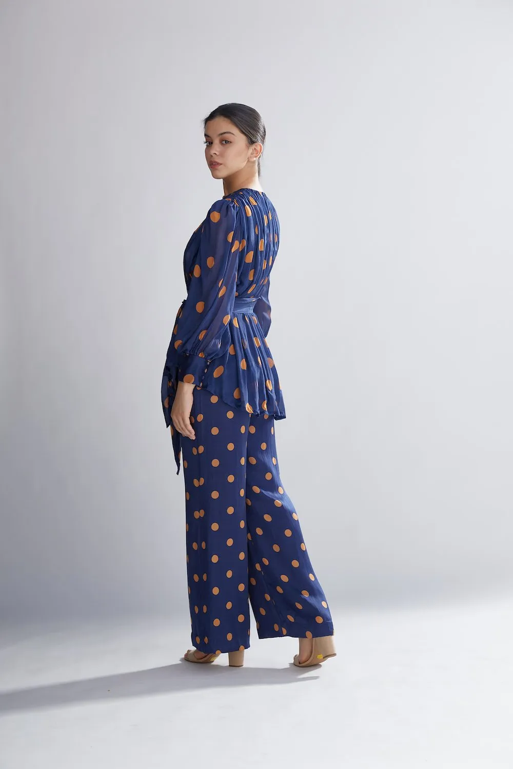 Koai   I   Blue And Orange Polka Dot Pleated Top