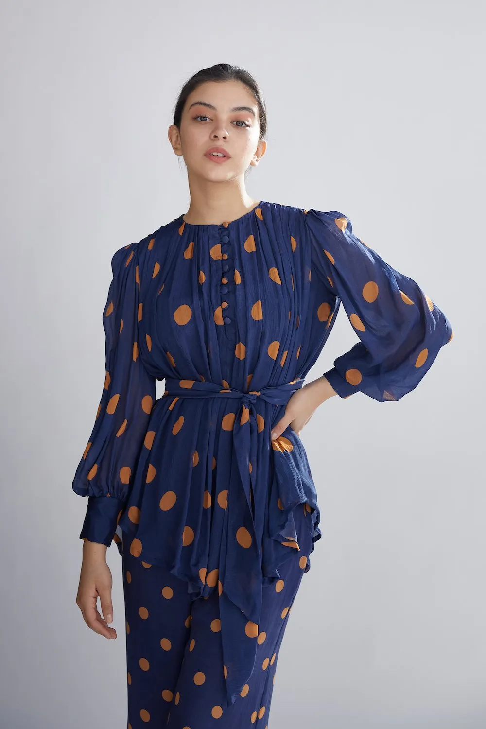 Koai   I   Blue And Orange Polka Dot Pleated Top