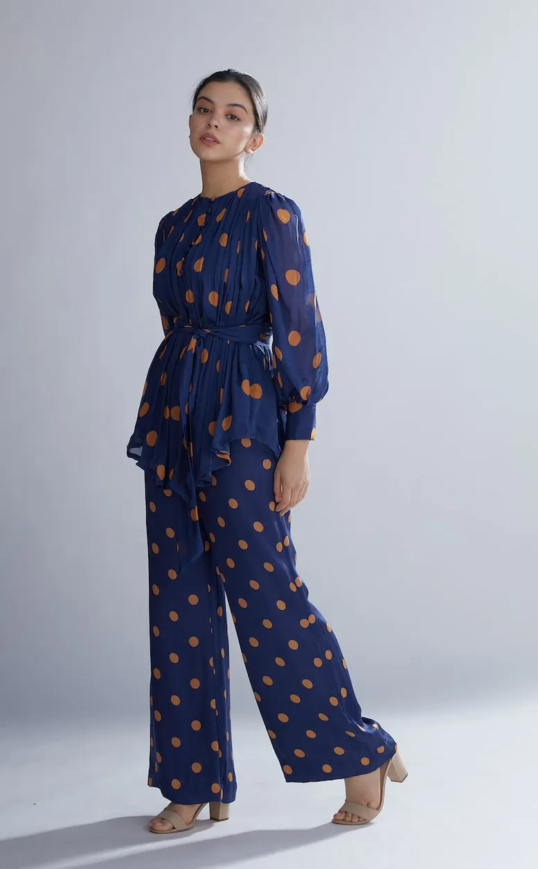 Koai   I   Blue And Orange Polka Dot Pleated Top