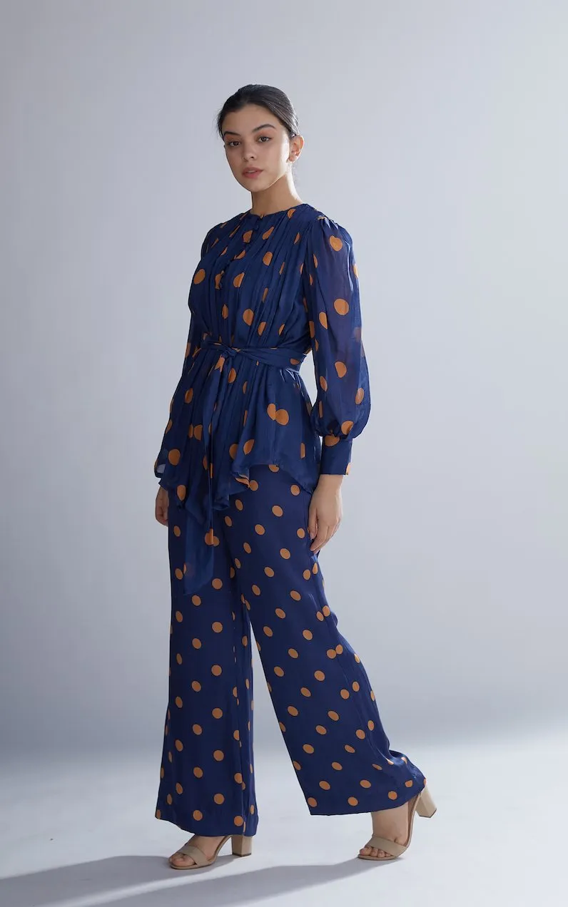 Koai   I   Blue And Orange Polka Dot Pleated Top