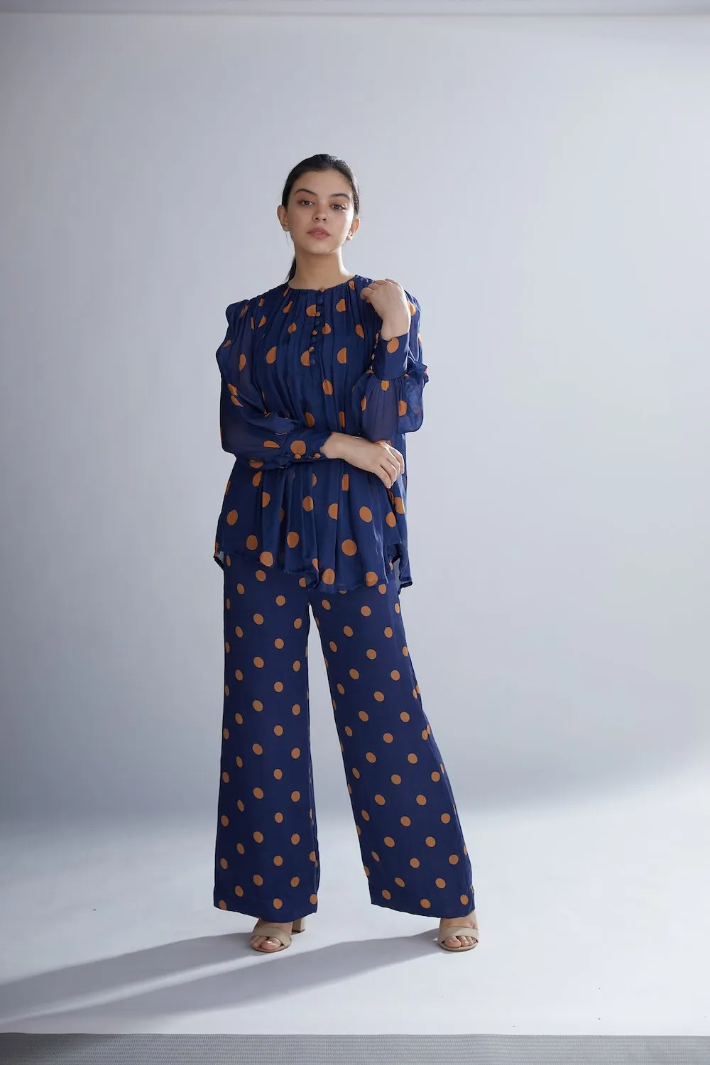 Koai   I   Blue And Orange Polka Dot Pleated Top