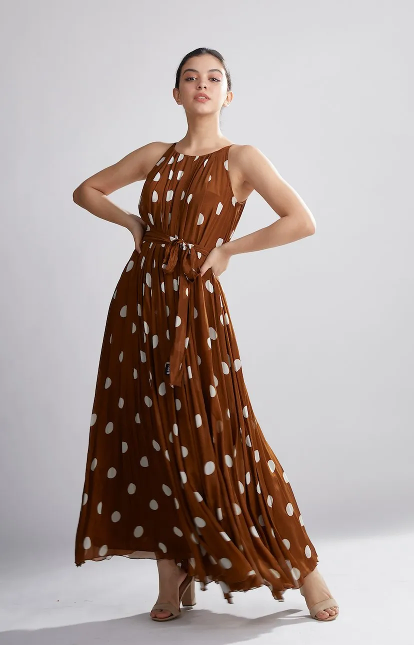 Koai   I   Brown And Cream Polka Pleated Dress