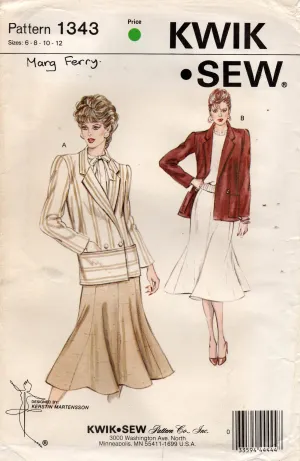 Kwik Sew 1343 Womens Long Blazer Jacket & Skirt 1980s Vintage Sewing Pattern Bust 32 - 37 inches UNCUT Factory Folded