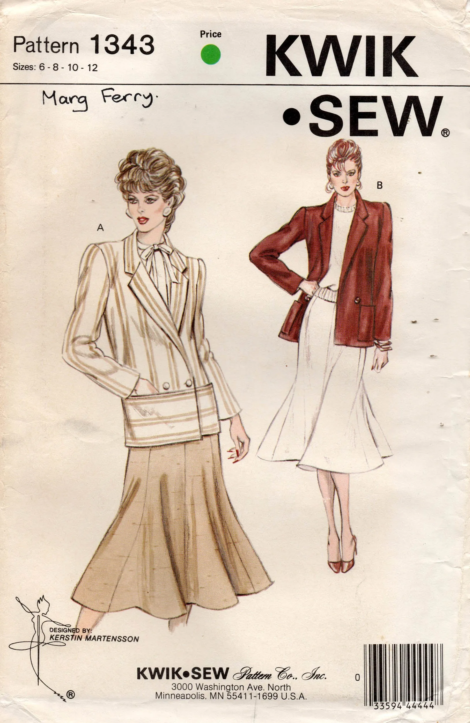 Kwik Sew 1343 Womens Long Blazer Jacket & Skirt 1980s Vintage Sewing Pattern Bust 32 - 37 inches UNCUT Factory Folded