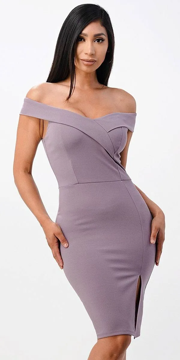 La Scala 25451 Knee Length Off-Shoulder Short Cocktail Dress with Slit
