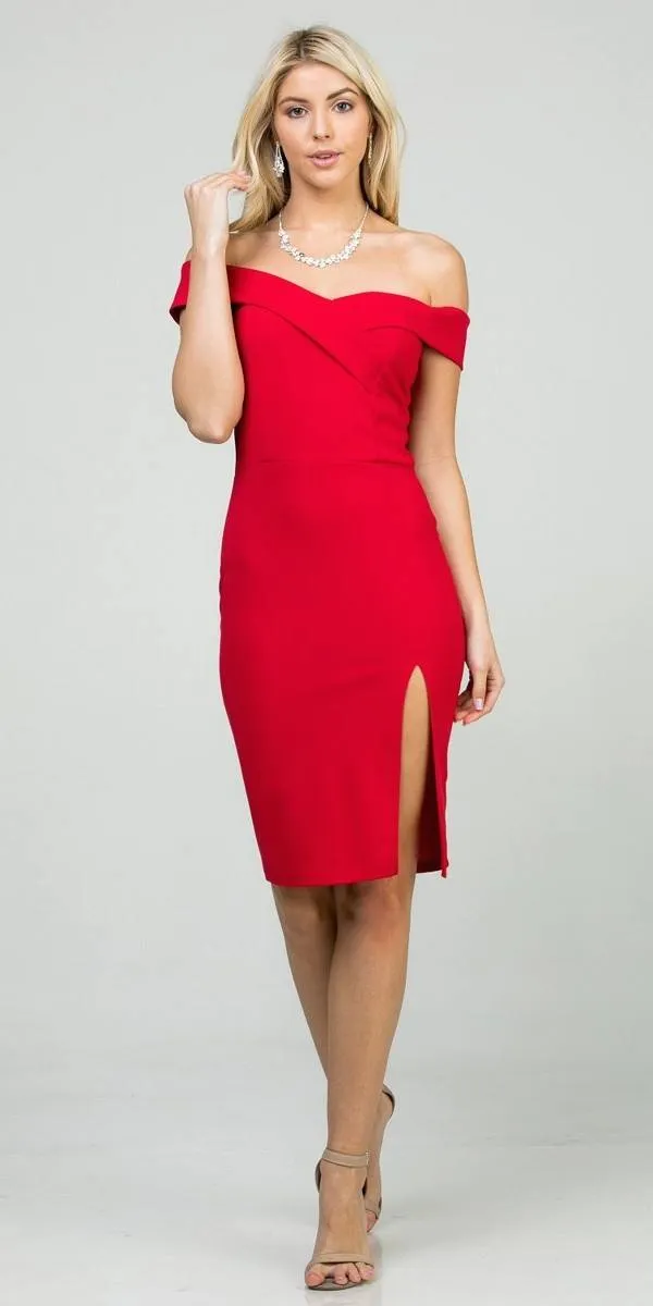 La Scala 25451 Knee Length Off-Shoulder Short Cocktail Dress with Slit