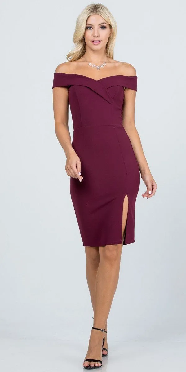 La Scala 25451 Knee Length Off-Shoulder Short Cocktail Dress with Slit