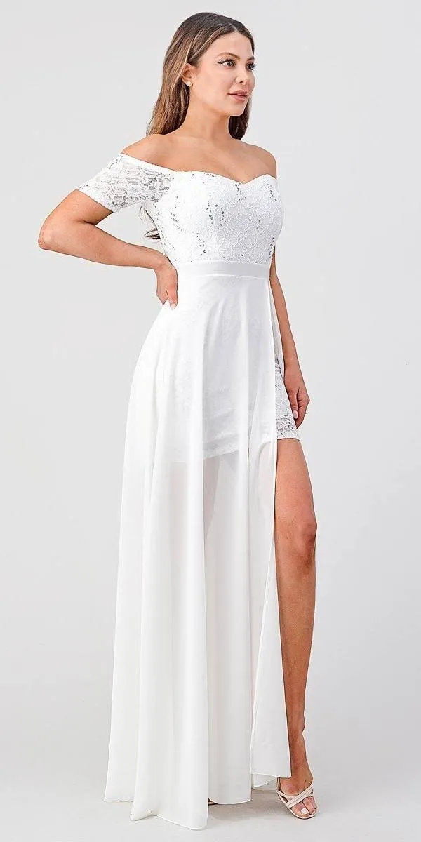 La Scala 25900 Off the Shoulder Sequins Lace High Low Dress