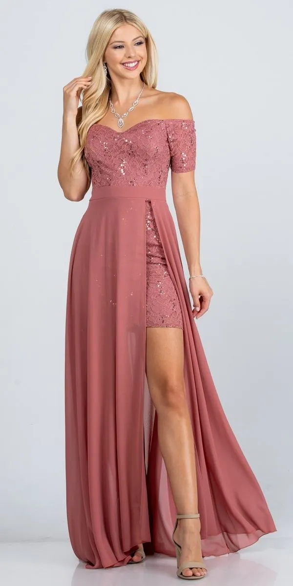 La Scala 25900 Off the Shoulder Sequins Lace High Low Dress