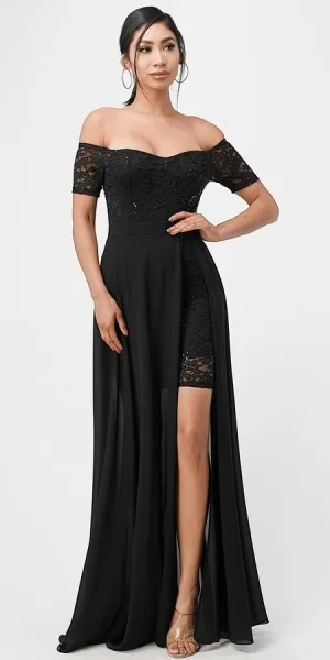 La Scala 25900 Off the Shoulder Sequins Lace High Low Dress