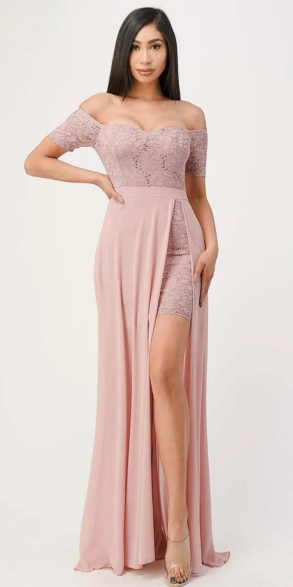 La Scala 25900 Off the Shoulder Sequins Lace High Low Dress