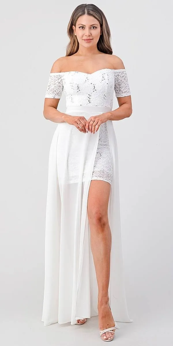La Scala 25900 Off the Shoulder Sequins Lace High Low Dress