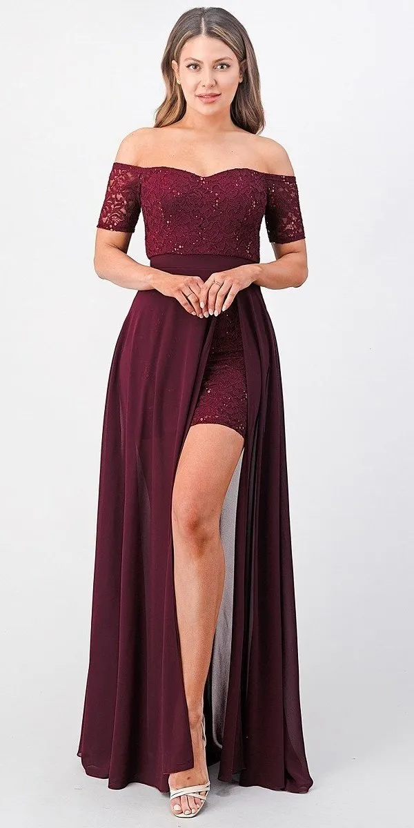 La Scala 25900 Off the Shoulder Sequins Lace High Low Dress