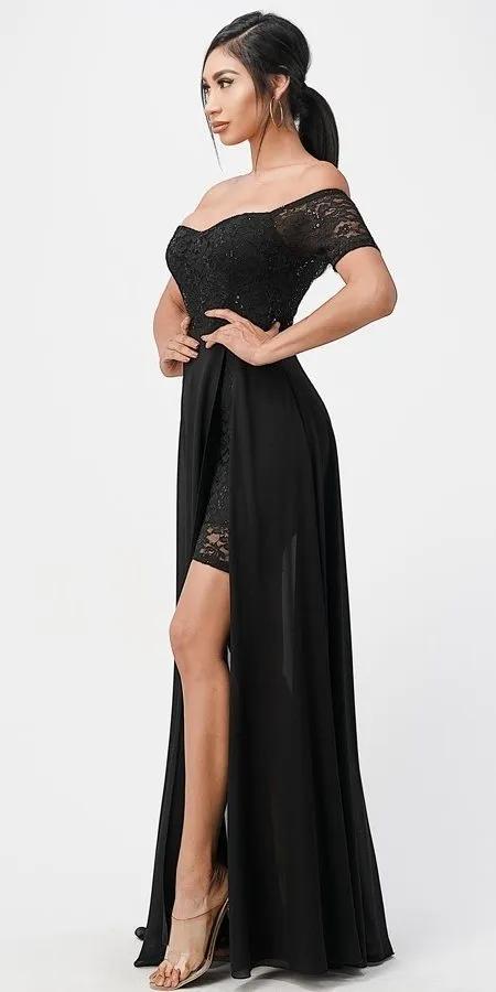 La Scala 25900 Off the Shoulder Sequins Lace High Low Dress