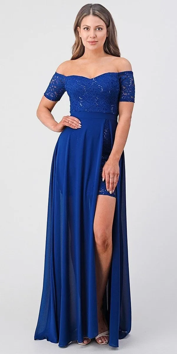 La Scala 25900 Off the Shoulder Sequins Lace High Low Dress