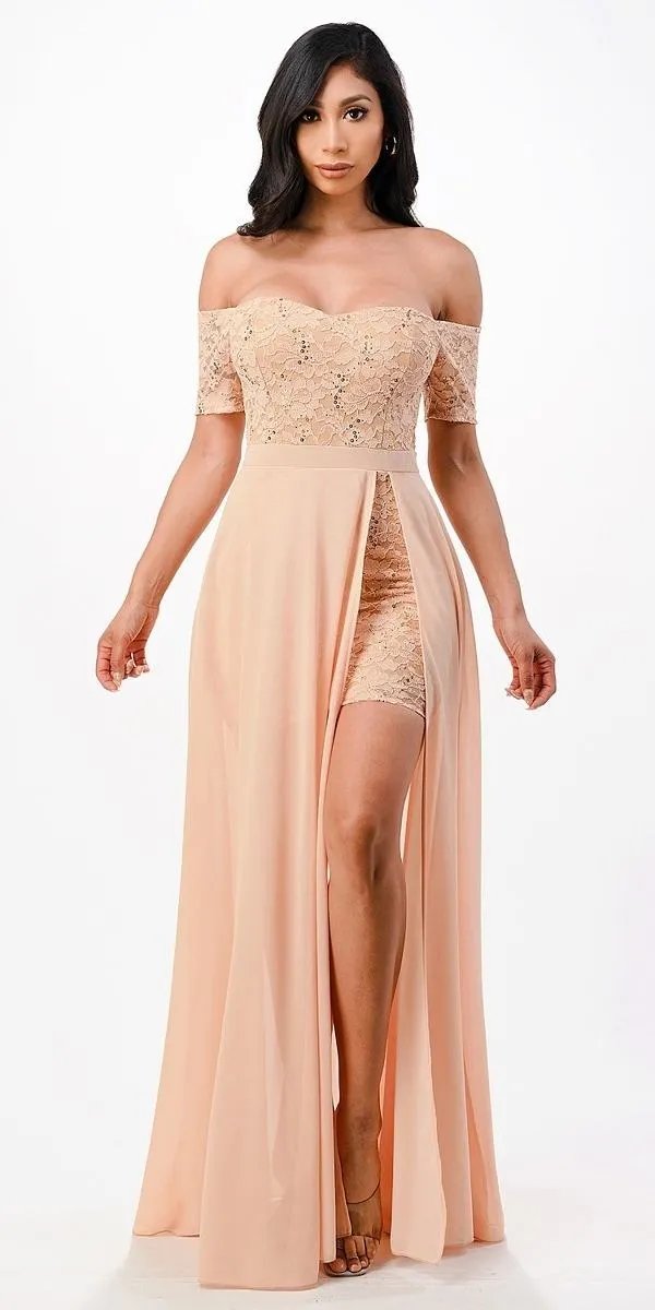 La Scala 25900 Off the Shoulder Sequins Lace High Low Dress