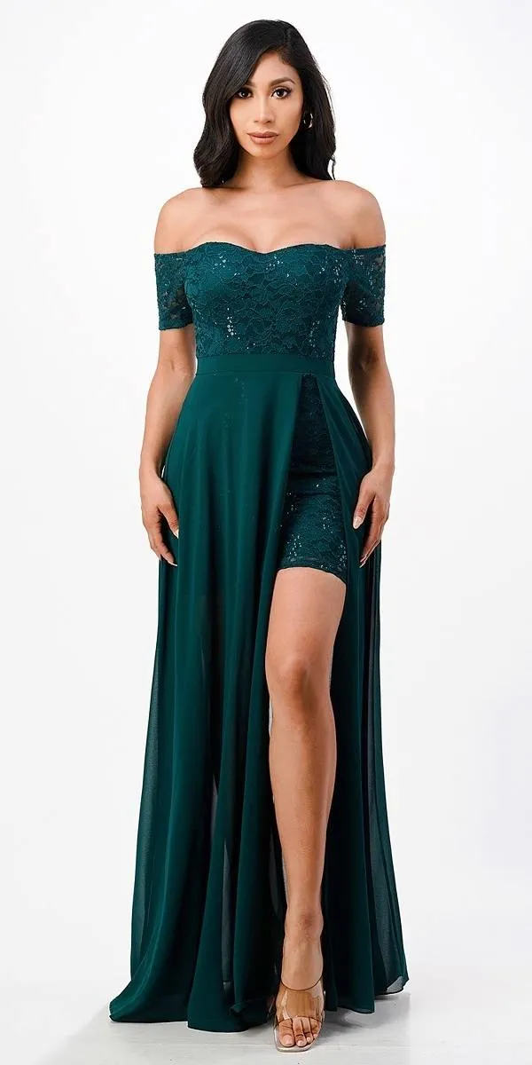 La Scala 25900 Off the Shoulder Sequins Lace High Low Dress