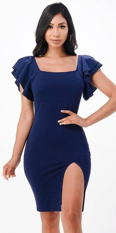 La Scala 25922 Ruffle Sleeve Pencil Dress Side Slit