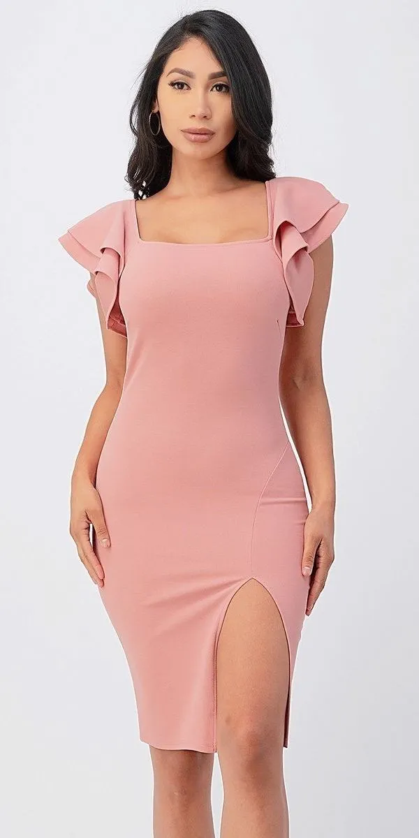 La Scala 25922 Ruffle Sleeve Pencil Dress Side Slit