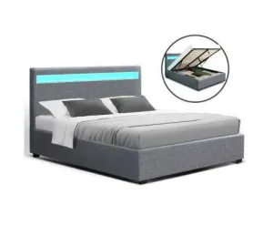 LED Fabric Bed Frame Gas Lift Base With Storage - Grey