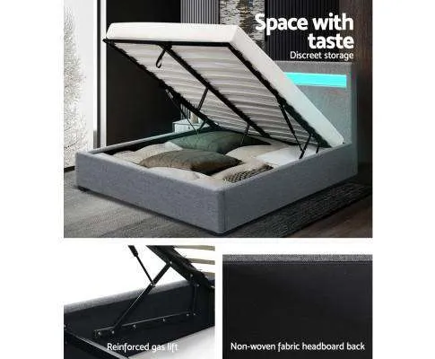 LED Fabric Bed Frame Gas Lift Base With Storage - Grey