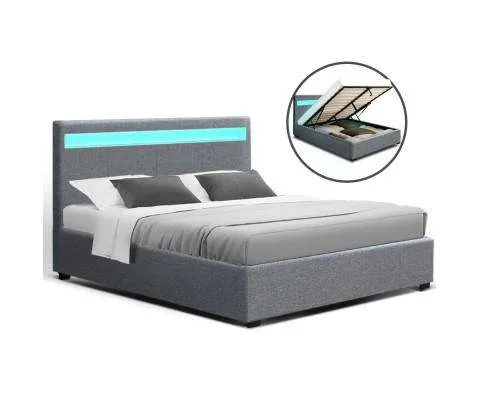 LED Fabric Bed Frame Gas Lift Base With Storage - Grey