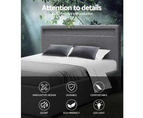 LED Fabric Bed Frame Gas Lift Base With Storage - Grey