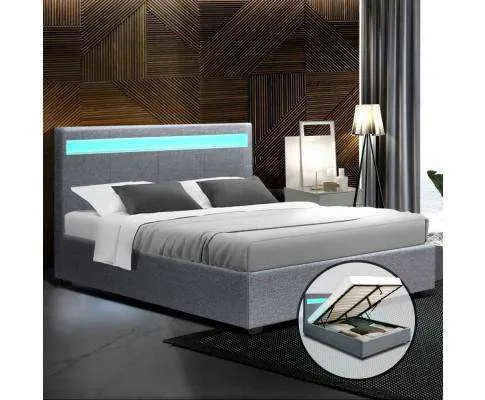 LED Fabric Bed Frame Gas Lift Base With Storage - Grey