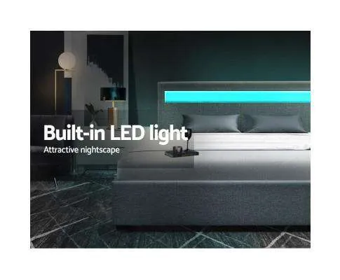 LED Fabric Bed Frame Gas Lift Base With Storage - Grey