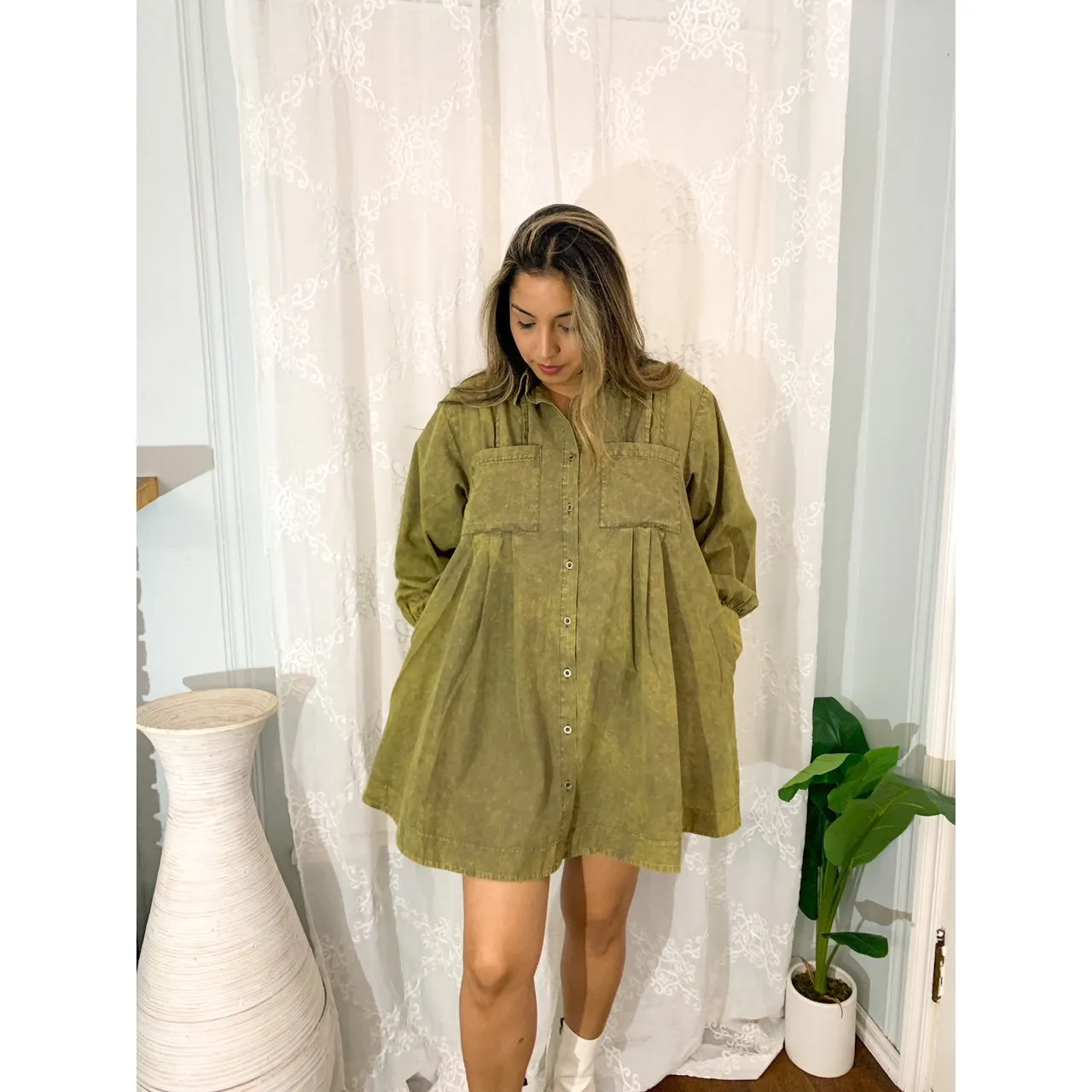 Let's Hang Out Long Sleeve Pleated Shirt Dress