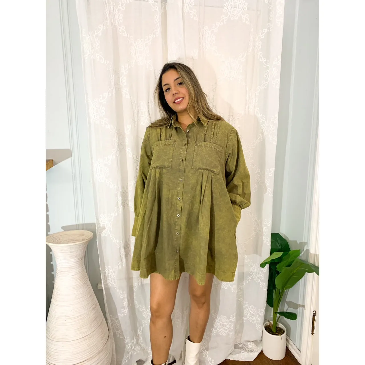 Let's Hang Out Long Sleeve Pleated Shirt Dress