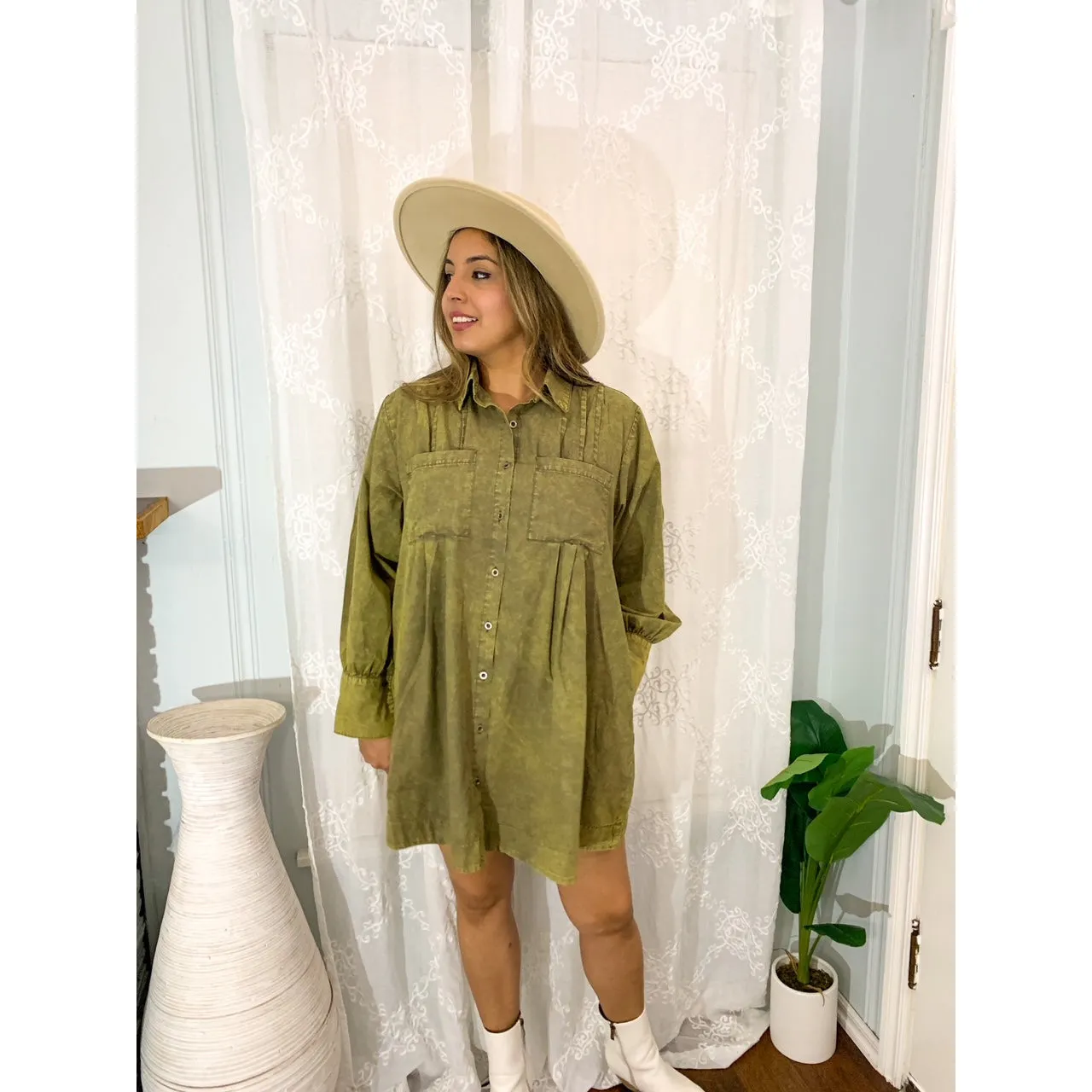 Let's Hang Out Long Sleeve Pleated Shirt Dress