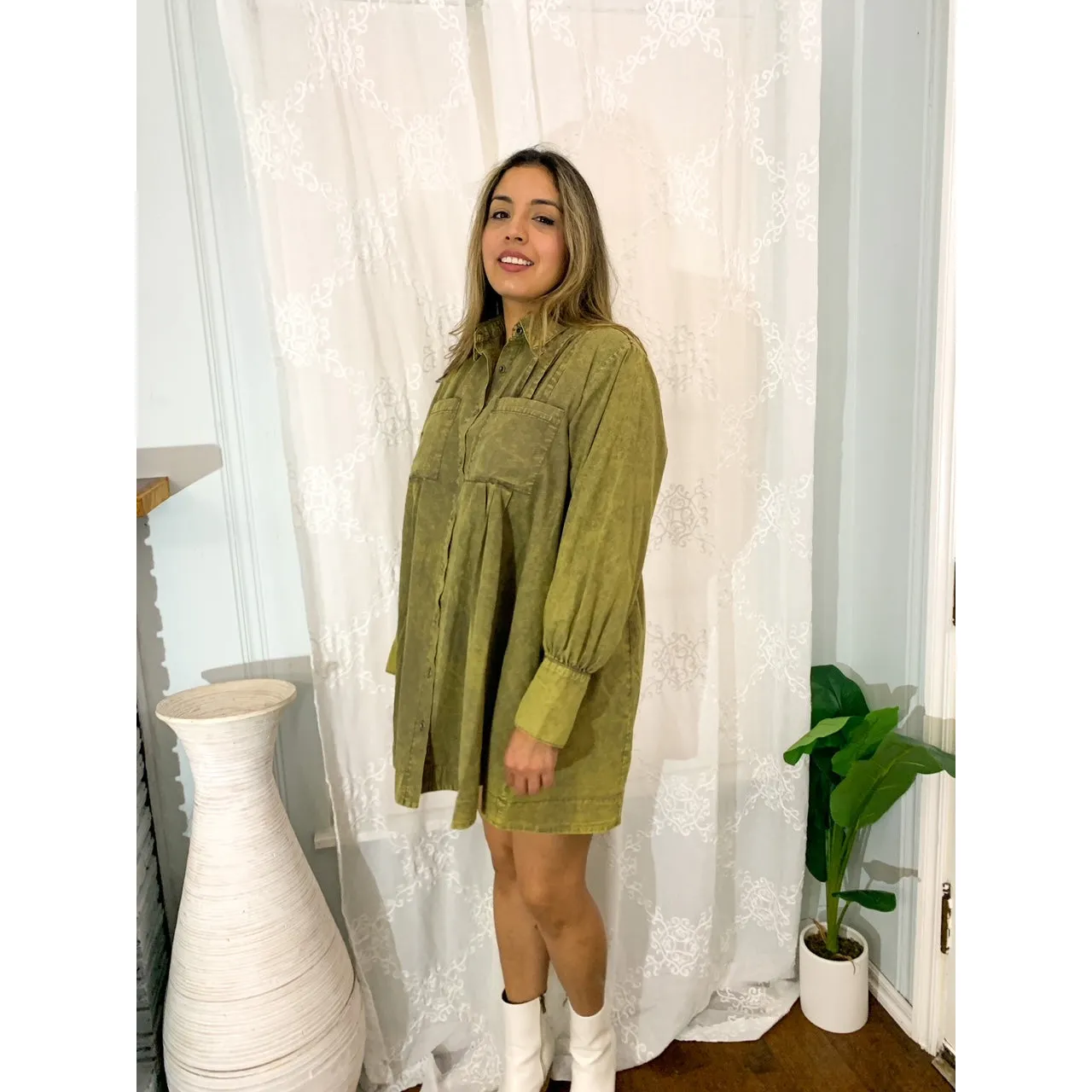 Let's Hang Out Long Sleeve Pleated Shirt Dress