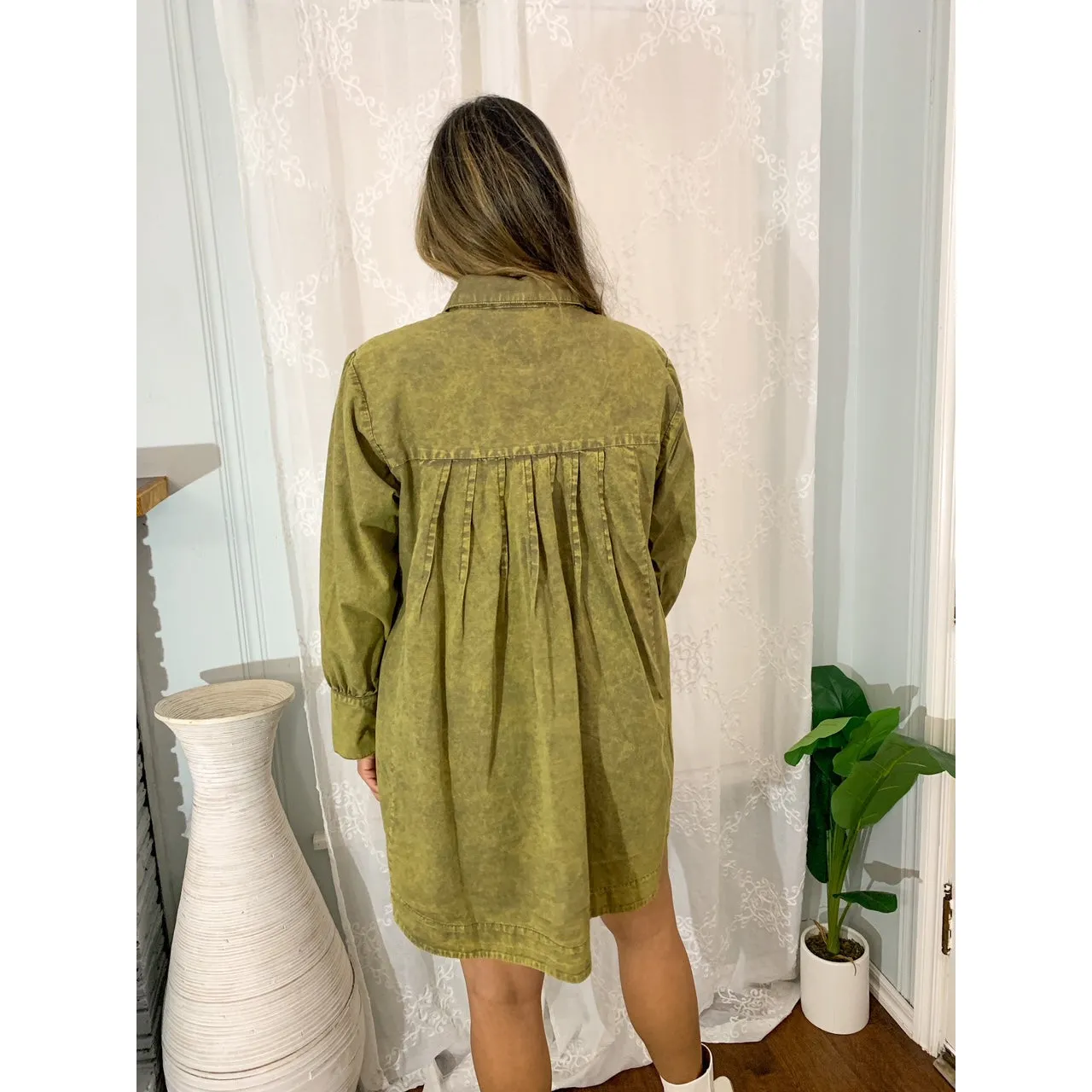 Let's Hang Out Long Sleeve Pleated Shirt Dress