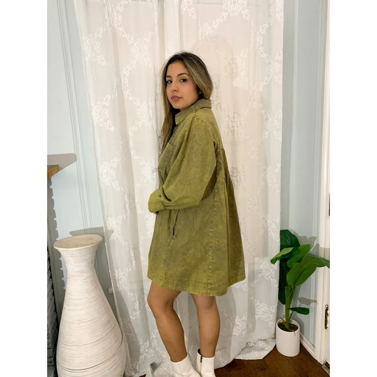 Let's Hang Out Long Sleeve Pleated Shirt Dress