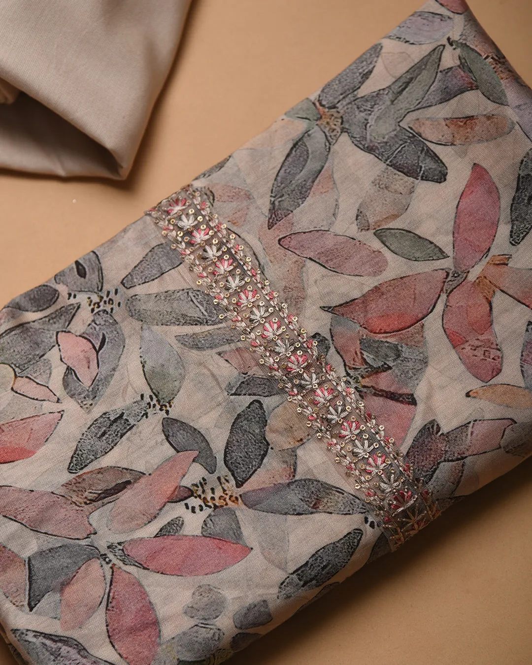 Light Beige Cotton Glazed Printed With Embroidery Unstitched Suit Fabric Set With Muslin Dupatta