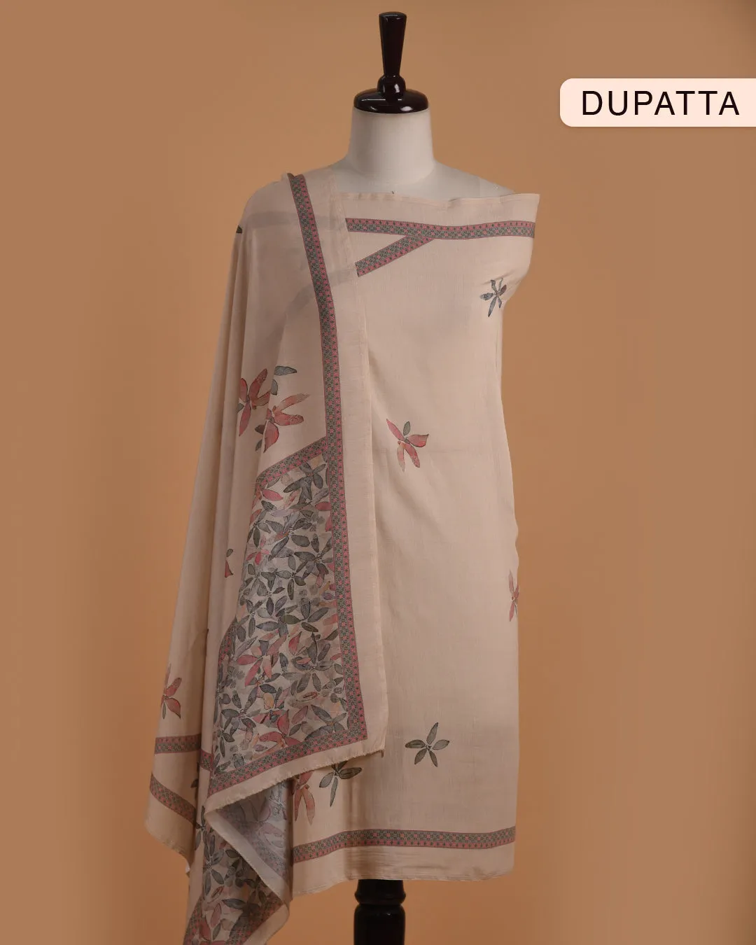 Light Beige Cotton Glazed Printed With Embroidery Unstitched Suit Fabric Set With Muslin Dupatta