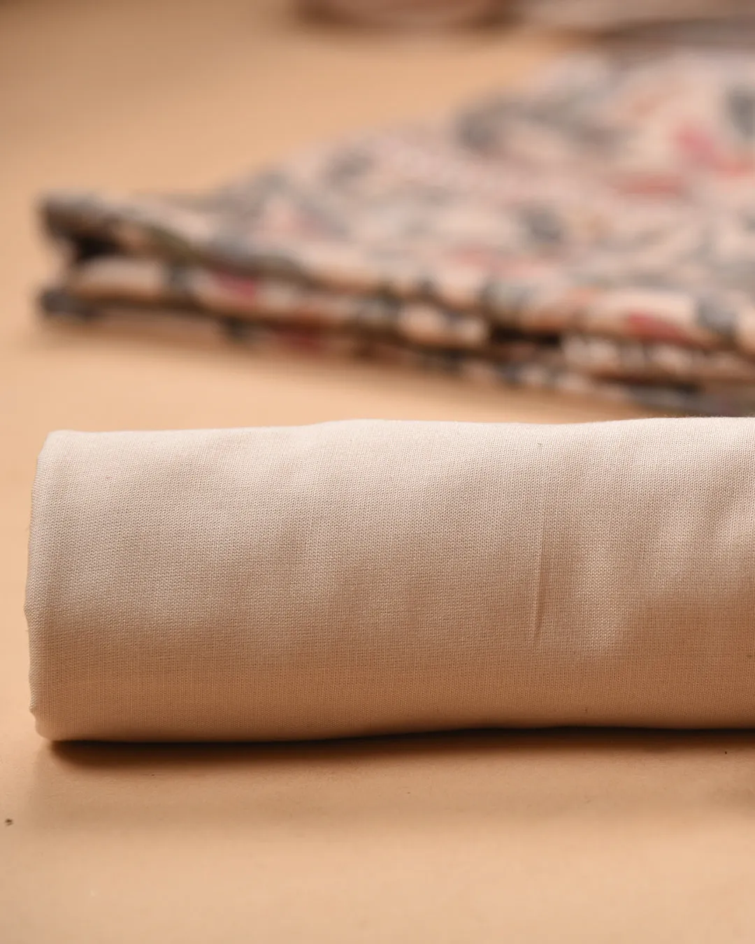 Light Beige Cotton Glazed Printed With Embroidery Unstitched Suit Fabric Set With Muslin Dupatta