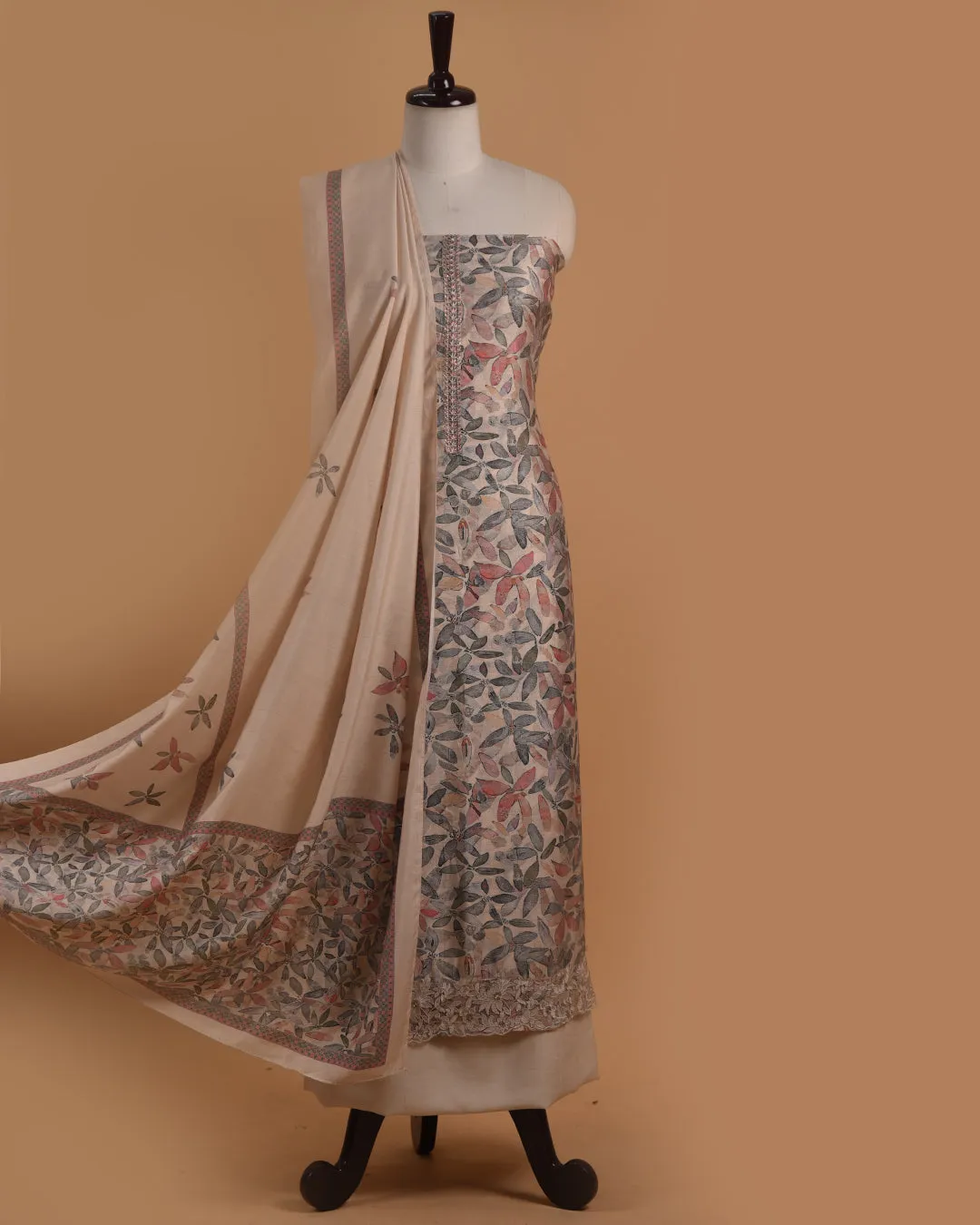 Light Beige Cotton Glazed Printed With Embroidery Unstitched Suit Fabric Set With Muslin Dupatta