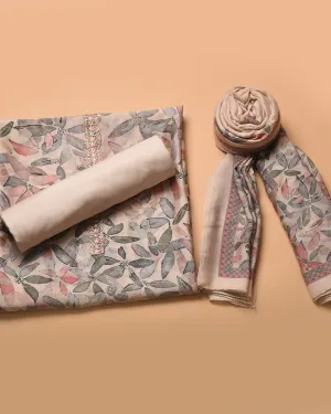 Light Beige Cotton Glazed Printed With Embroidery Unstitched Suit Fabric Set With Muslin Dupatta