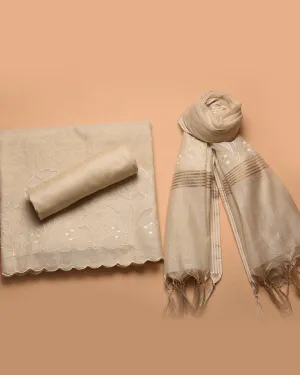 Light Beige Linen Tissue Blend Embroidered Unstitched Suit Fabric Set With Linen Tissue Blend Embroidered Dupatta